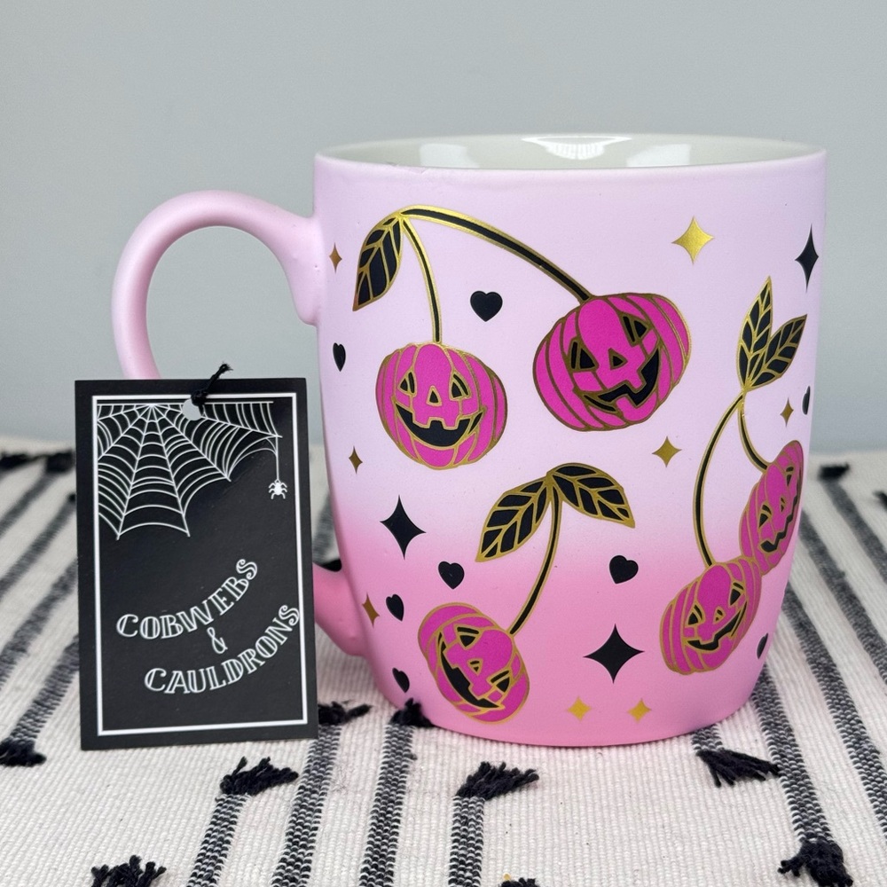 NEW Cobwebs & Cauldrons Pumpkin Cherries Halloween Mug
